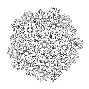 Decorative mandala of different flowers with leaves in the round shape on a white isolated background. For coloring book pages.