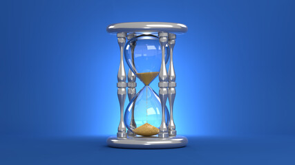An hourglass on a blue background. Falling yellow sand. 3D-rendering.