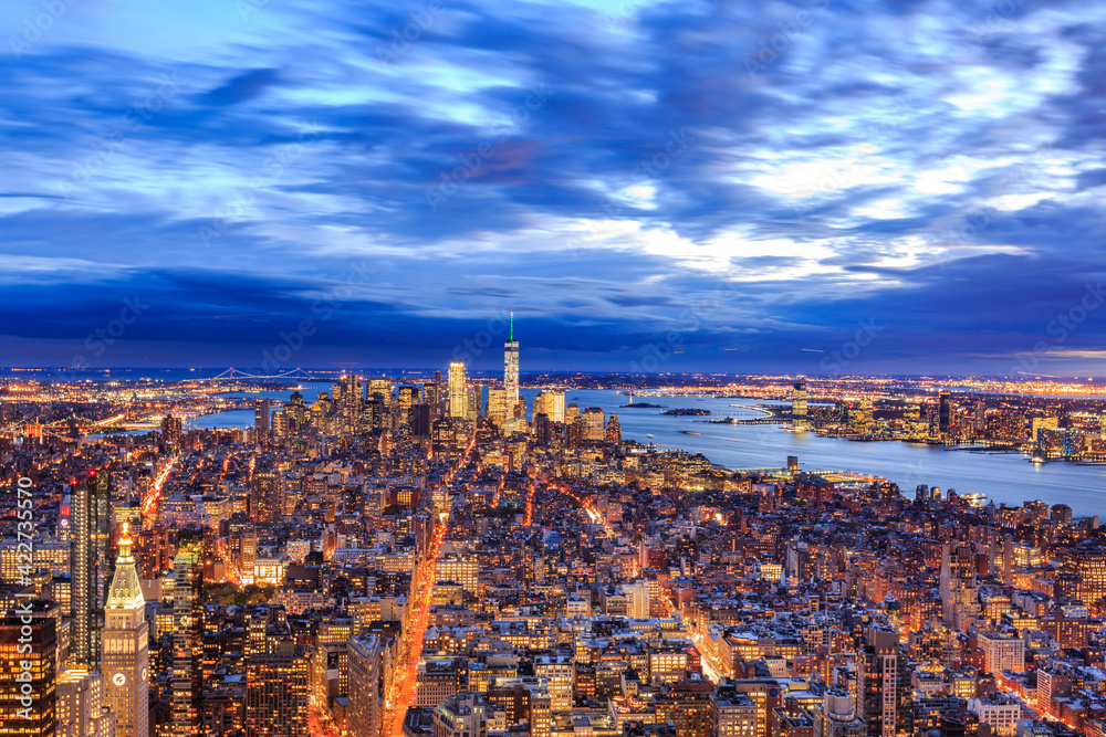 Wall mural new york city manhattan sunset skyline aerial view with office building skyscrapers and hudson river