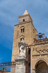 Marble statue outside of the Cathedral of Cefal&ugrave;, Sicily, Italy, Roman Catholic basilica