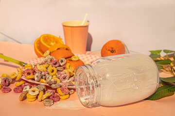Studio shot of disastrous breakfast at vintage kitchen with colors cereals with milk and oranges
