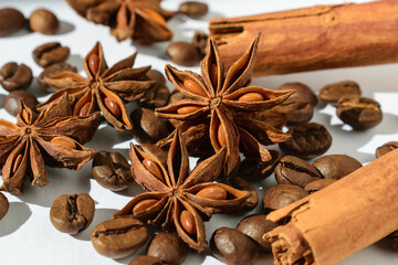 star anise and sticks, anise and cinnamon, star anise isolated on white background