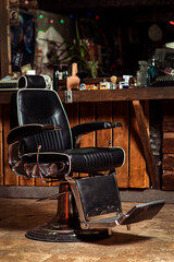 Vintage barber chair. Barbershop business. Barber shop chair. Modern hairdresser and hair salon.