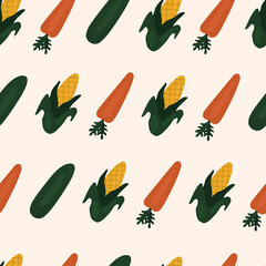 Simple seamless pattern with carrots and corn. Vegetables, vitamins, vegetarianism, healthy eating, diet, snacks, harvesting. Illustration in flat style