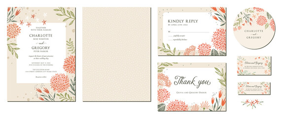 Universal hand drawn floral templates in warm colors perfect for an autumn or summer wedding and birthday invitations, menu and baby shower.