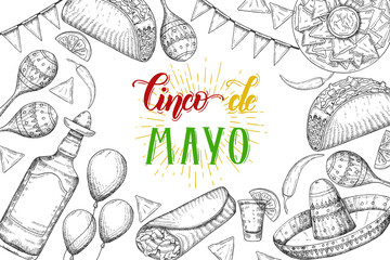 Cinco de Mayo Festive background with  hand drawn symbols - chili pepper, maracas, sombrero, nachos, tacos, burritos, tequila, balloons isolated on white. Hand made lettering.