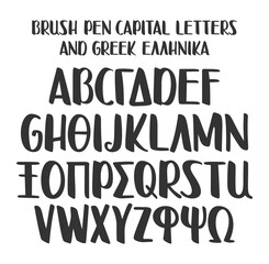 Handwritten alphabet with english and greek characters on white background. Marker pen font. Handwritten marker pen typeface. Vector illustration.