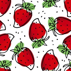 Strawberry hand drawn sketch seamless pattern. Bright berry. Outline vector illustration. Organic food eco template for menu, jam or juice label, textile, wallpaper. Strawberry on white backgroung.