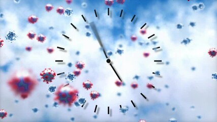 Animation of multiple covid 19 cells floating around clock moving fast on blue background