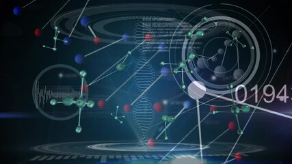 Animation of data processing and molecules spinning over scopes scanning in background - Powered by Adobe