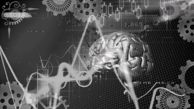 Animation of financial data processing over human brain and cogs spinning on black background