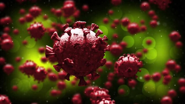 Animation of multiple red covid 19 cells floating on green background
