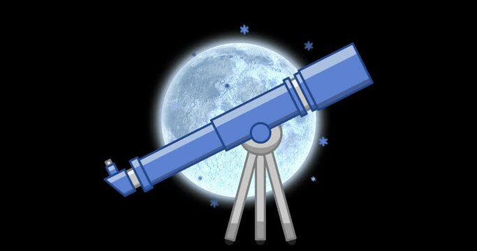 Animation of telescope with stars over planet earth on black background