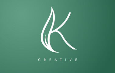 Elegant K letter Leaf Logo Design with Outline Monogram Style Flat and Minimalist Vector