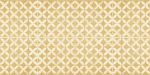 Fototapeta premium Old worn beige brown yellow white vintage shabby patchwork mosaic motif tiles stone concrete cement wall texture background with circular circle print