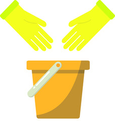 Bucket. Gloves. Room cleaning. Drawing in flat design.