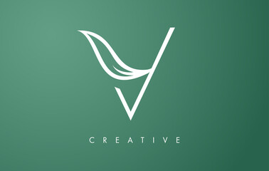 Elegant V letter Leaf Logo Design with Outline Monogram Style Flat and Minimalist Vector