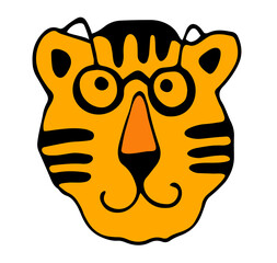 Vector illustration, cute portrait of tiger with glasses. Wild animal. Symbol of 2022. cute animal character idea for child and kid printable stuff and t shirt, greeting card, wall art, postcard