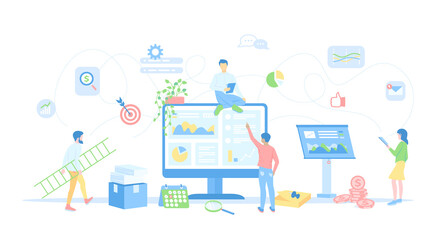 Search engine optimization SEO. Analysis, marketing strategy for website and mobile website. Seo analytics team working together.  Conceptual flat vector illustration for  web and graphic design.