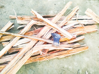 Pile of chopped wood prepared for winter. natural