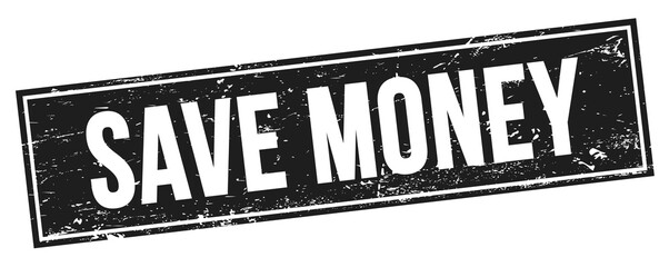 SAVE MONEY text on black grungy rectangle stamp.