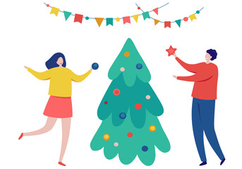 Joyful guy and a girl decorate a Christmas tree with balls and a star. Vector illustration of a happy people during the Christmas holidays preparations. Trendy flat style. Happy New Year concept.