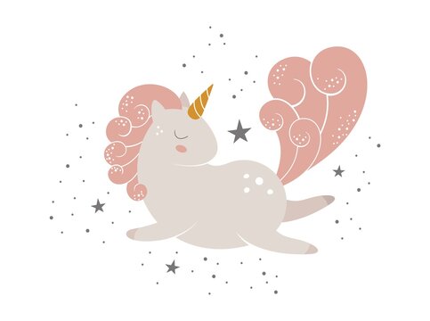 Cute pink unicorn child character flying among the stars