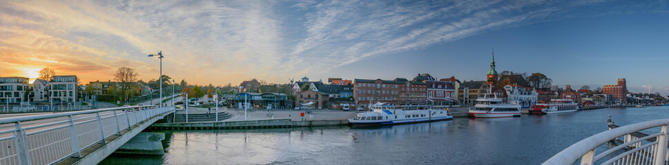 Panoramic view of the town of Kappeln on Schlei inlet by blue hour evening, Schleswig-Holstein,...