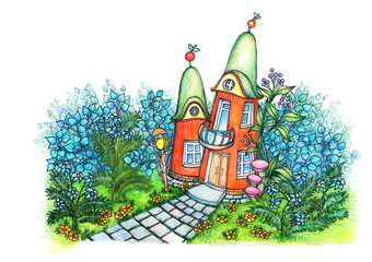 Illustration of a cute fairy-tale house for children in bright orange color