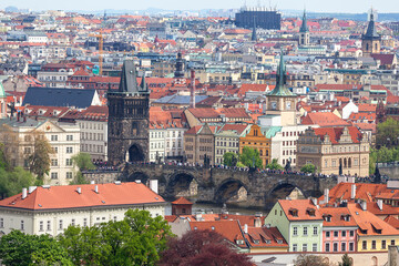 Obraz premium Charles Bridge on Vltava river, aerial view, Prague, Czech Republic