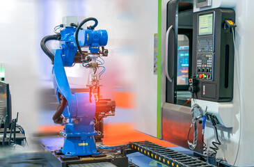 Smart industry robot arms for digital factory production technology showing automation...