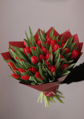 Young woman florist holding big beautiful blossoming mono bouquet of red tulips flowers.