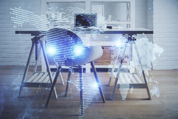 Double exposure of social network theme drawing and office interior background. Concept of web.