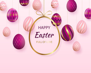 Happy Easter lettering with pink gold realistic looking eggs. Vector. Geometric patterns. Resurrection Sunday greeting card, postcard, invitation, poster, banner template.