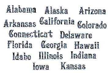 Obraz premium Political divisions of the US. Patriotic clip art in denim safari zebra print. States list. Part 1