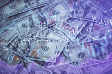 Multi exposure of forex chart drawing over us dollars bill background. Concept of financial success markets.