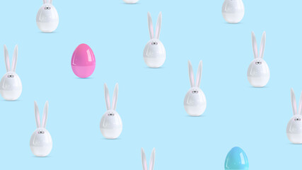 Happy Easter holiday background. Festive design with realistic 3D bunny decor elements and ceramic eggs. Banner, web poster, flyer cover, stylish brochure, greeting card. Vector