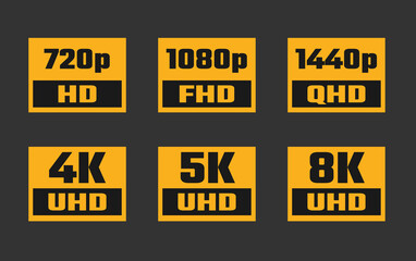 Screen Resolution icon set, 4K UHD, 5K, 8K, Quad HD, Full HD and HD resolution