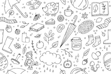 Set of autumn elements. Seamless pattern on the theme of autumn. Background. Vector. Doodle. Hand-drawn illustration. Black and white outline. Silhouette. Coloring.