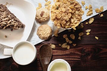 Simple breakfast on the wooden background