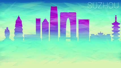Suzhou China Skyline City Silhouette. Broken Glass Abstract Geometric Dynamic Textured. Banner Background. Colorful Shape Composition.