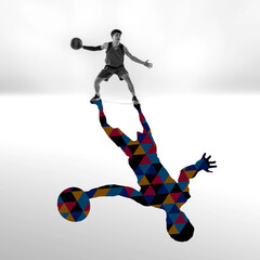 Young caucasian sportsman isolated on studio background with shadow, modern artwork. Abstract trendy design.