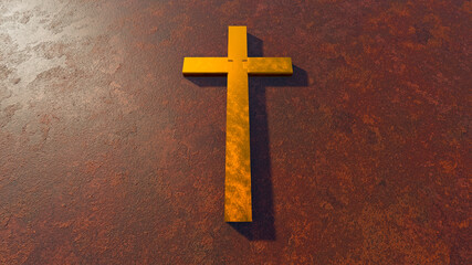 Concept or conceptual golden cross on a  rusted corroded metal or steel sheet backround. 3d illustration metaphor for God, Christ, religious, faith, holy, spiritual, Jesus, belief, resurection