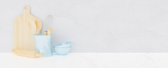 kitchen utensils with pastel blue ceramic bowls