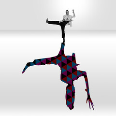 Young caucasian dancer isolated on studio background with shadow, modern artwork. Abstract trendy design.