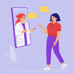 Concept of medical online services, consultation, support. Video call from a patient to doctor via an application on a smartphone. Family internet doctor woman on the phone screen. Vector illustration