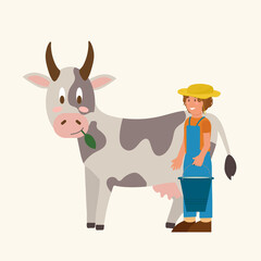 Farm animals with humans. A farmer is a worker who raises livestock. Breeding Cows on agricultural land drawn in vector. Vector illustration