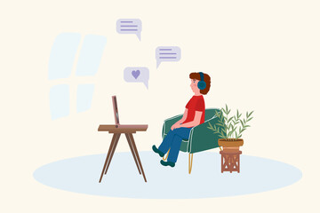 Illustration of the concept of distance education. Poster with a guy on distance learning. Children and students study at home. Online education, university teaches at home. Vector illustration