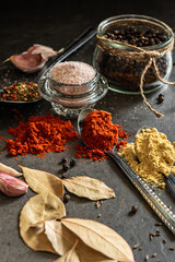 spices and herbs on wooden table