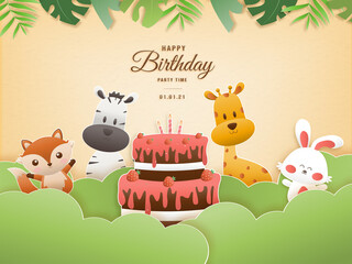 Invitation birthday greeting card with a cute animal. jungle animals celebrate children's birthday and template invitation paper art style vector illustration.	